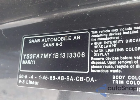 2011 Saab 9-3 Turbo4 z USA, uszkodzony, nr VIN YS3FA7MY1B1313306